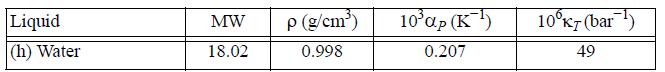 Liquid (h) Water MW 18.02 P (g/cm) 0.998 10ap (K) 0.207 10 KT (bar) 49