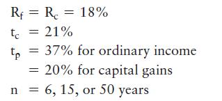 Rf = Rc R. = 18% to = 21% tp = 37% for ordinary income = 20% for capital gains n = 6, 15, or 50 years