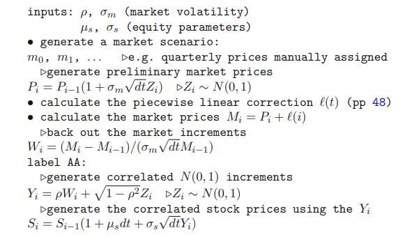 inputs: p, om (market volatility) Hs, Os (equity parameters) generate a market scenario: mo, m1, ... De.g.