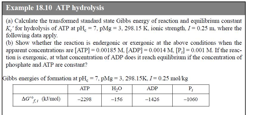 Example 18.10 ATP hydrolysis (a) Calculate the transformed standard state Gibbs energy of reaction and