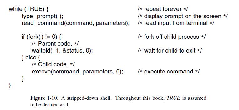 while (TRUE) { type_prompt(); read_command (command, parameters); } if (fork() != 0) { /* Parent code. */ }