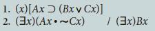 1. (x)[Ax (Bx v Cx)] 2. (3x)(Ax~Cx) / (3x)Bx