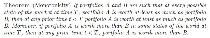 Theorem (Monotonicity) If portfolios A and B are such that at every possible state of the market at time T,