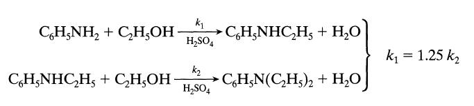 C6H5NH + CHOH- CH,NHCH5 + CHOH k HSO4 K HSO4 *CH,NHC,H, + H,O - C6H5N(CH)2 + HO k = 1.25 k