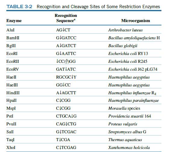 TABLE 3-2 Recognition and Cleavage Sites of Some Restriction Enzymes Recognition Sequence Enzyme Alul BamHI