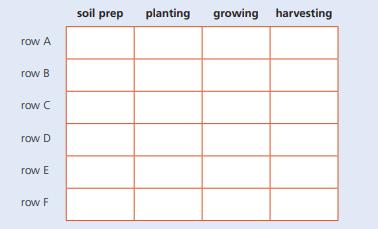 row A row B row C row D row E row F soil prep planting growing harvesting