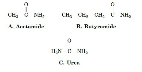 0 CH,CNH, A. Acetamide O CHgCH,CH,CNH, B. Butyramide O || HN-C-NH C. Urea