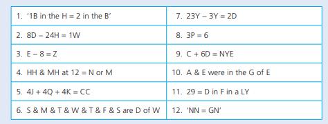1. '1B in the H = 2 in the B 2. 8D-24H = 1W 3. E-8=Z 4. HH & MH at 12 = N or M 5. 4) + 4Q+4K = CC 6. S&M &