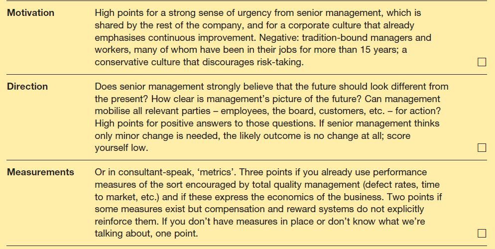 Motivation Direction Measurements High points for a strong sense of urgency from senior management, which is