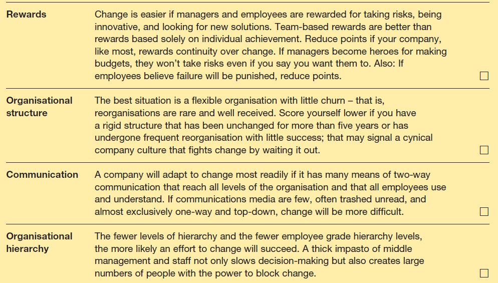 Rewards Organisational structure Communication Organisational hierarchy Change is easier if managers and