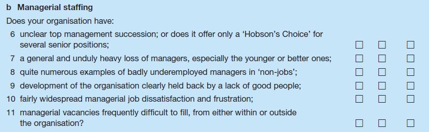 b Managerial staffing Does your organisation have: 6 unclear top management succession; or does it offer only