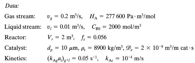 Data: Gas stream: Liquid stream: Reactor: Catalyst: Kinetics:  Ug = 0.2 m/s, HA v = 0.01 m/s,  V, = 2 m, f, =