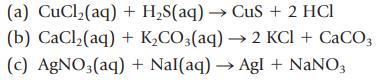 (a) CuCl(aq) + HS(aq)  CuS + 2 HCI (b) CaCl(aq) + KCO3(aq)  2 KCl + CaCO3 (c) AgNO3(aq) + Nal(aq)  Agl + NaNO3