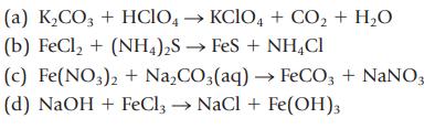 (a) KCO3 + HCIO4 KCIO4 + CO + HO (b) FeCl, + (NH4)2S  FeS + NHCH (c) Fe(NO3)2 + NaCO3(aq)  FeCO3 + NaNO3 (d)