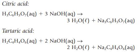 Citric acid: H3CHO(aq) + 3 NaOH(aq) - 3 HO(l) + Na3C,H,O,(aq) Tartaric acid: HC4HO(aq) + 2 NaOH(aq)  2 HO(l)