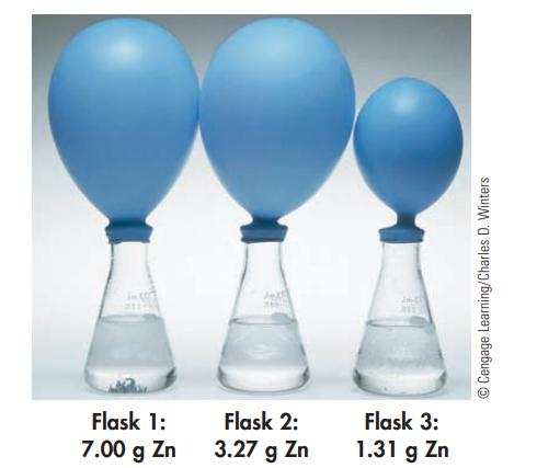 Flask 1: 7.00 g Zn Flask 2: 3.27 g Zn Flask 3: 1.31 g Zn Cengage Learning/Charles D. Winters