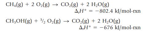CH4(g) + 2 O(g)  CO(g) + 2 HO(g) A,H = -802.4 kJ/mol-rxn CHOH(g) + 3/2 O(g)  CO(g) + 2 HO(g) AH -676