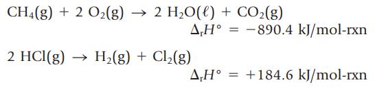 CH4(g) + 2 O(g)  2 HO(l) + CO(g) A,H-890.4 kJ/mol-rxn 2 HCl(g)  H(g) + Cl(g) A,H = +184.6 kJ/mol-rxn