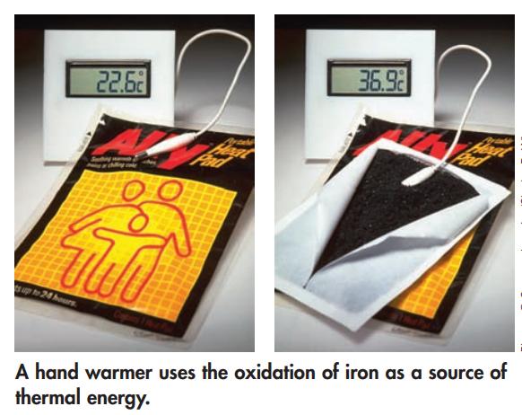 up to 24 hours 22.62 Heat 36.92 A hand warmer uses the oxidation of iron as a source of thermal energy.