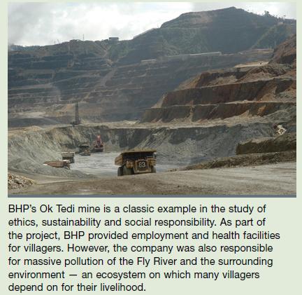 83 BHP's Ok Tedi mine is a classic example in the study of ethics, sustainability and social responsibility.