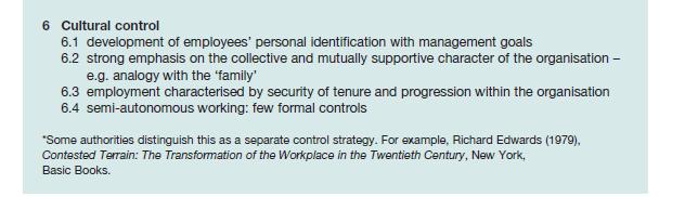6 Cultural control 6.1 development of employees' personal identification with management goals 6.2 strong