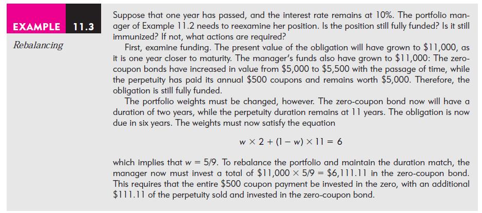 EXAMPLE 11.3 Rebalancing Suppose that one year has passed, and the interest rate remains at 10%. The