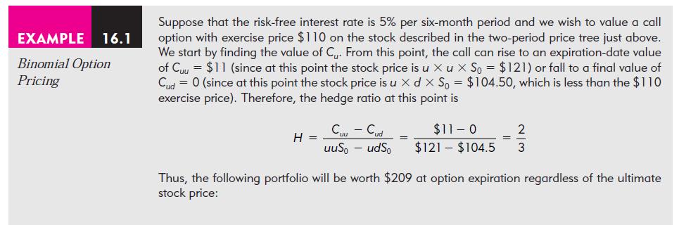EXAMPLE 16.1 Binomial Option Pricing Suppose that the risk-free interest rate is 5% per six-month period and