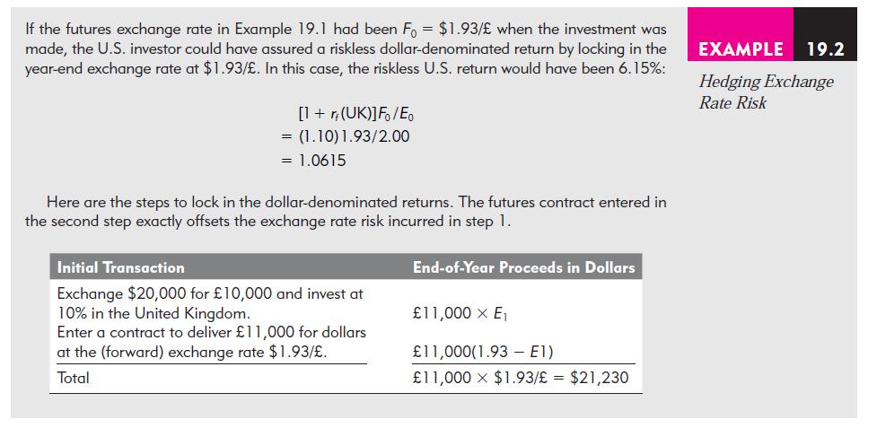 If the futures exchange rate in Example 19.1 had been Fo= $1.93/ when the investment was made, the U.S.