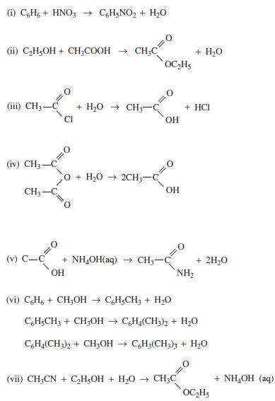 (1) C6H6+ HNO3  C6H5NO + HO (ii) CH5OH + CH3COOH  CHC (iii) CH3-C + H,O  CH CI (iv) CH3-C CH3- (v) C-C CO+