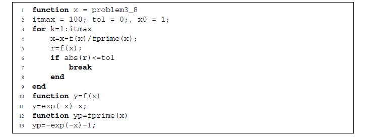 1 function x = problem3_8 2 itmax = 100; tol = 0;, x0 = 1; 3 for k=1:itmax 4 5 6 8 9 x=x-f (x)/fprime (x);