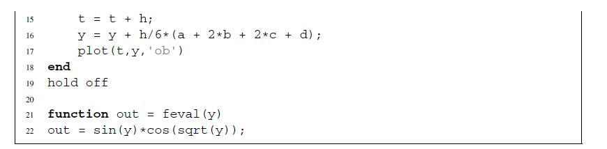 15 16 17 18 end 19 hold off 20 t = t + h; y = y + h/6* (a + 2*b + 2*c + d); plot(t, y, 'ob'). 21 22 function