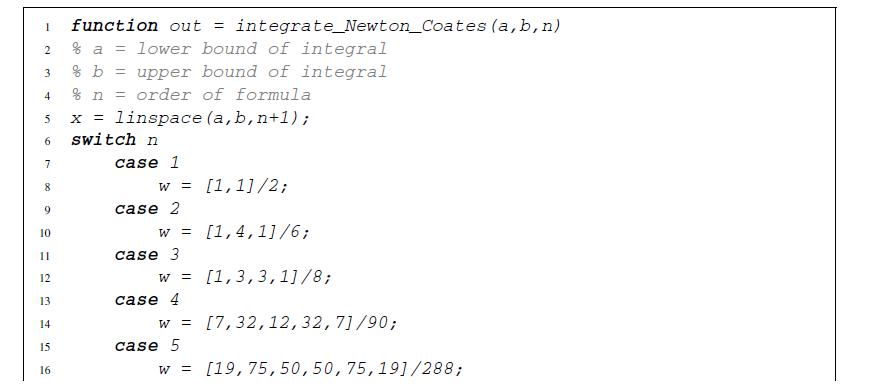 1 function out = integrate_Newton_Coates (a, b, n) % a = lower bound of integral 2 3 % b = upper bound of