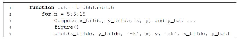 1 2 3 4 5 function out = blahblahblah for n = 5:5:15 Compute x_tilde, y_tilde, x, y, and y_hat figure () plot