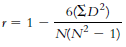 6(ΣD) r= 1 - N(N? – 1) 